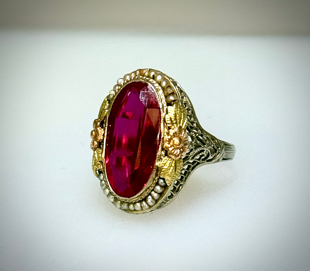 Art Deco Filigree Ring with Synthetic Ruby