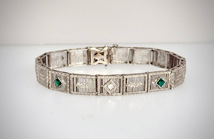 Art Deco Emerald & Diamond Filigree Bracelet