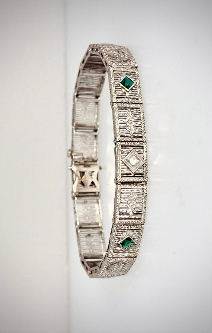 Art Deco Emerald & Diamond Filigree Bracelet