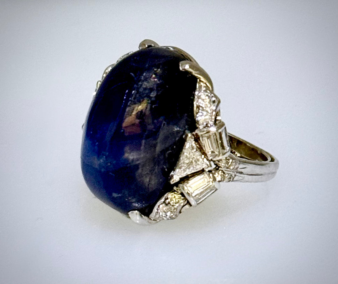 Star Sapphire Baguette and Trilliant Diamond Ring