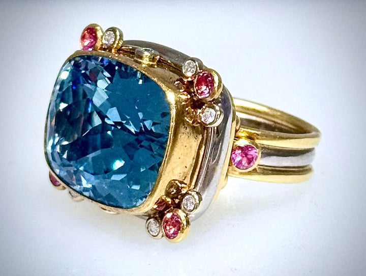 Aquamarine Ring with Pink Sapphires