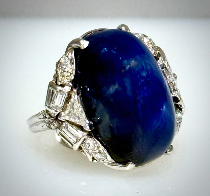 Star Sapphire Baguette and Trilliant Diamond Ring