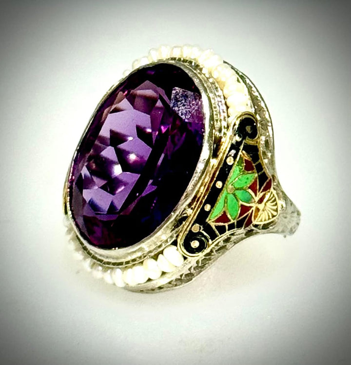 Oval Amethyst with Seed Pearl Boarder with Enamel Sides of Green and Red Ring