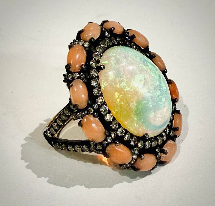 Opal Ring with Diamonds and Coral Halo