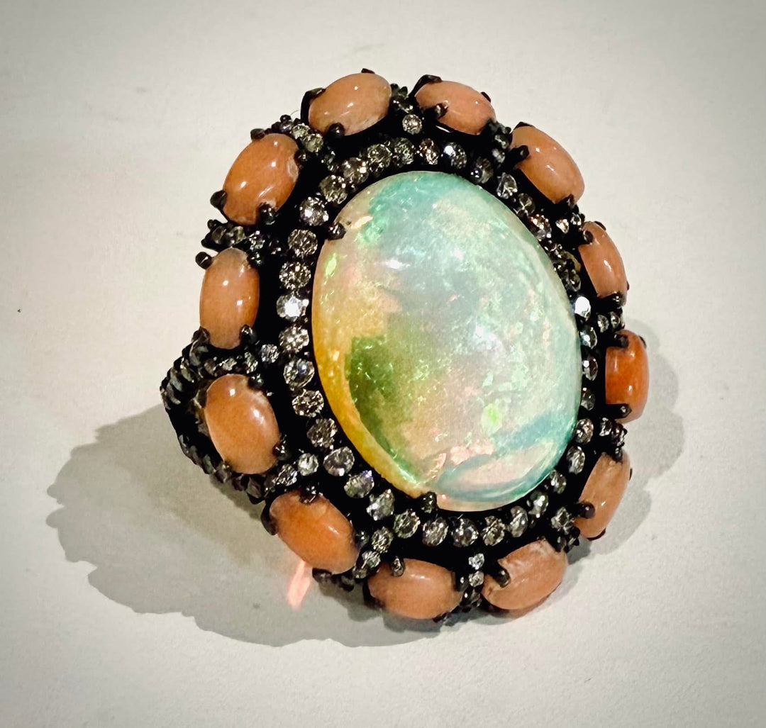 Opal Ring with Diamonds and Coral Halo
