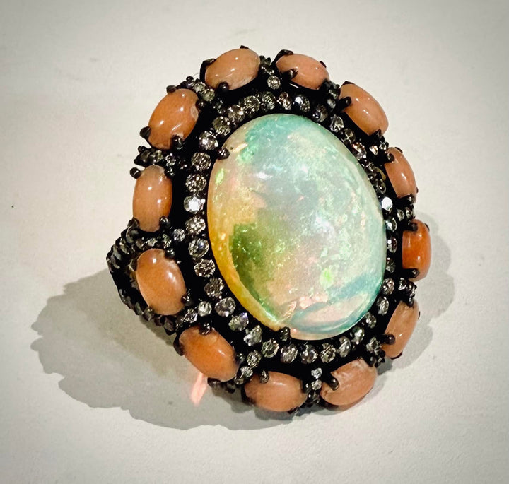 Opal Ring with Diamonds and Coral Halo
